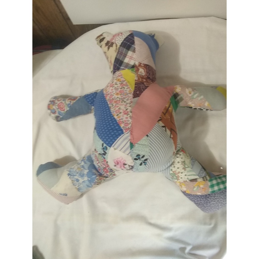 Stuffed Quilted Bear‎ Cottagecore Patchwork Plush Handsewn Button Eyes Nose 15" - Picture 2 of 6